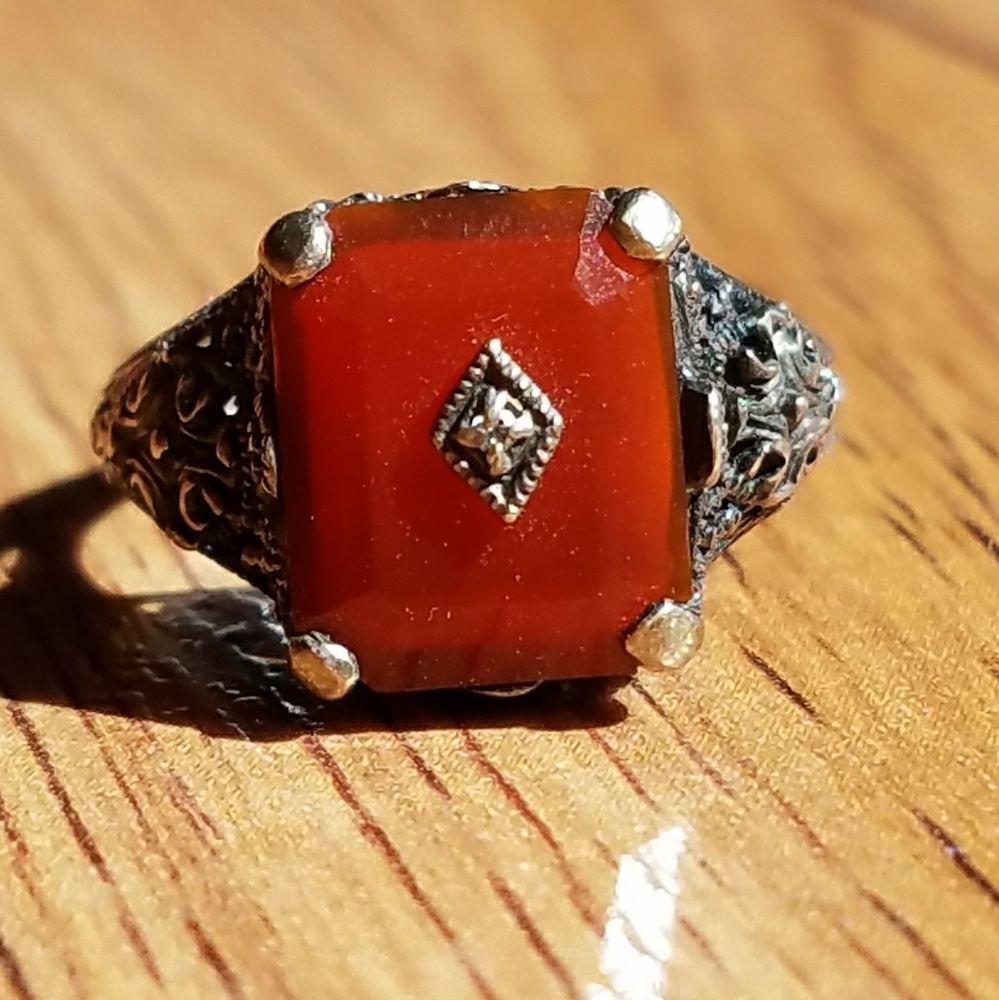 SOLD Antique Carnelian Sterling Filigree Ring - Picture 2 of 8
